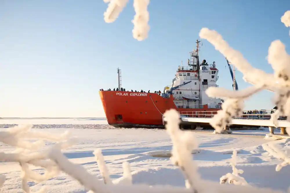 The icebreaker seen through frost-covered branches from the shore