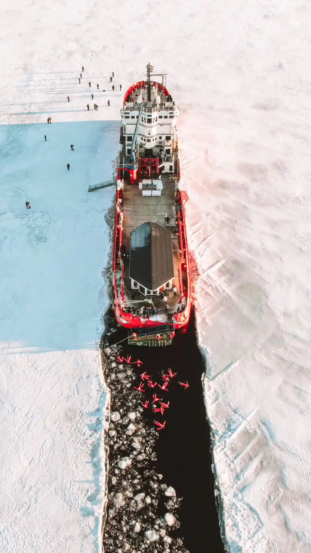 The ship from directly overhead with floating passengers beside the hull